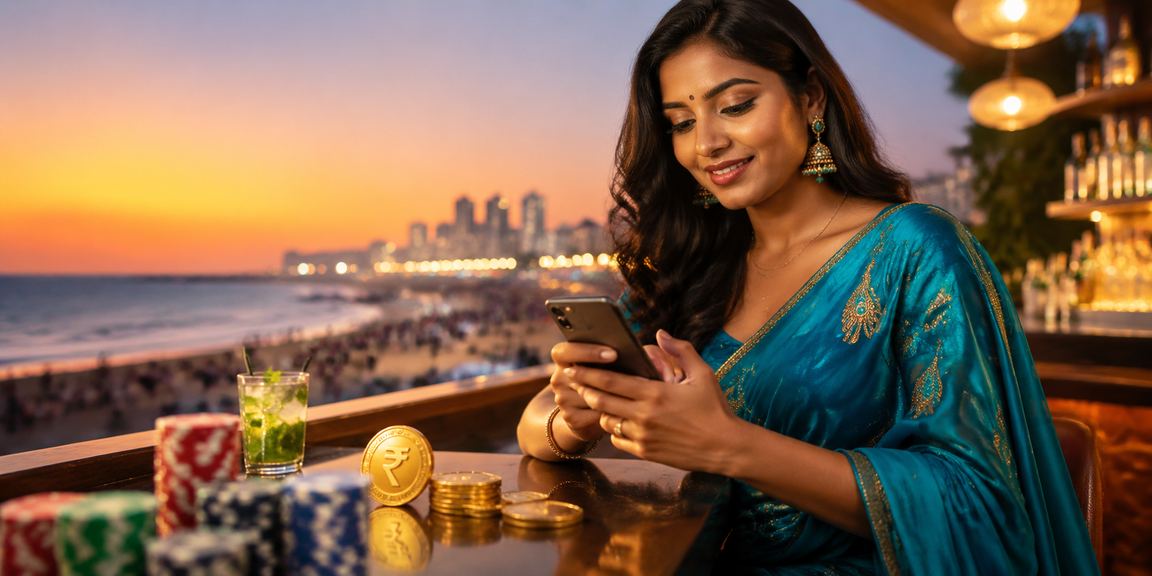 Scenic Marina Beach in Chennai with evening lights and bustling local casino atmosphere